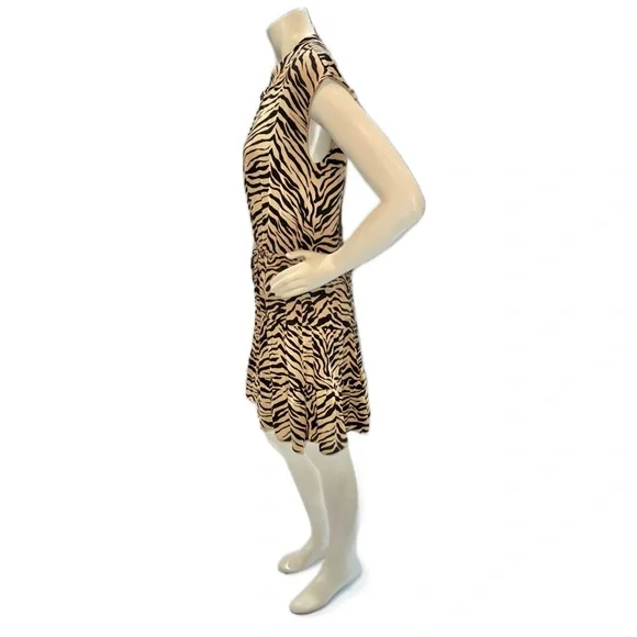 👗🐆 REBECCA MINKOFF Zebra Print Tiered Mini Dress | Tan & Black Animal Print | M - Picture 3 of 10